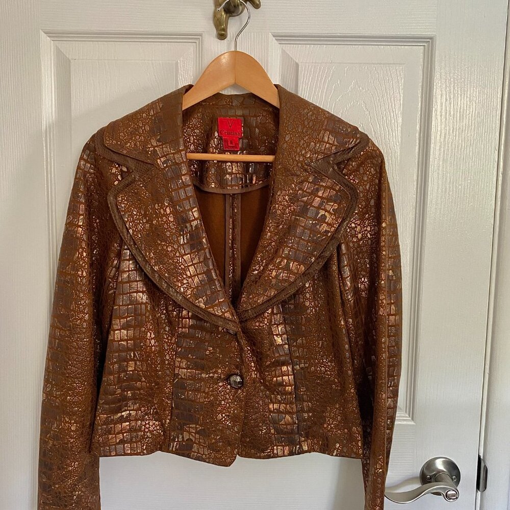 Coppery Gold Brown Cropped Animal-ish Patterned Jacket with Two Silver Buttons